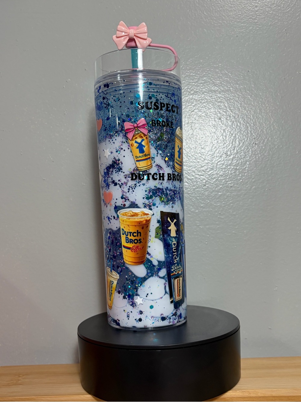 Dutch Bros Blue Glitter Tumbler with Pink Bow Lid Charm